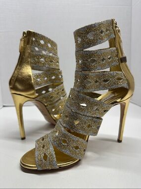 Casadei High Heel Shoes Open Toe Gladiator Caged Stretch Metallic Gold Size 7.5